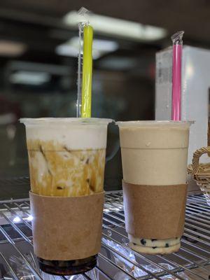 My drinks! Misugaru (traditional sweet ground bean powder drink) with boba AND classic brown sugar boba.