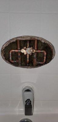 New Moen single handle shower valve installed and ready for trim!