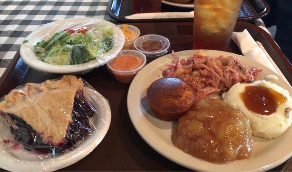 Large Salad, Blueberry Pie, Pineapple Baked Ham, Mashed Potatoes & Gravy, Cinnamon Apples, Cornbread, Sweet Tea