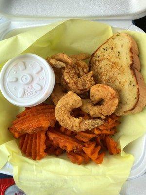 Shrimp basket with sweet potato fries and coleslaw