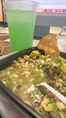 Fish ceviche with cucumber drink