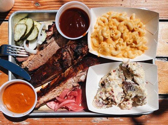 2 Meat Combo: ROSEWOOD WAGYU BRISKET, DUROC PORK SPARE RIBS, THREE CHEESE MAC, & RED SKIN POTATO SALAD