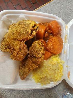 Fried chicken, rice and gravy, candied yams...Very good