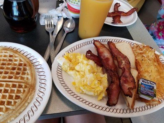 Waffles, OJ & 2 Eggs and bacon