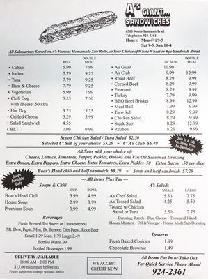 Got a menu from Brian @ A's figured I would post it for others to use also.  Making 1st order today, will post review later.