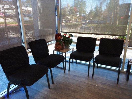 Oasis Veterinary Hospital reception/waiting area at dog entrance.  Comfortable with lots of natural light.