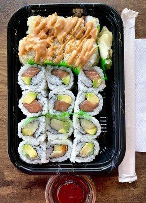 3 basic rolls - top to bottom - Spicy Tuna Crunch Roll, Salmon Avocado Roll, Dynamite Roll