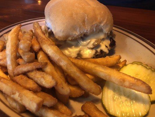 Mushroom Swiss Burger and fries