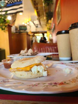 Turkey breakfast "burrito" on an English muffin