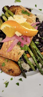 Chili Lime Salmon with island plantains, citrus black beans, coconut rice, asparagus