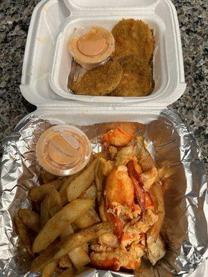 Lobster roll, fries, and fried green tomatoes.