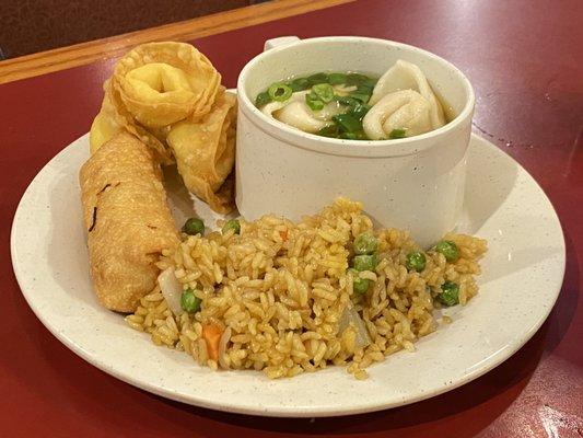 Wonton soup, fried rice, egg rolls, cheese wontons