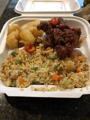 Walnut shrimp and crispy beef with extra crispy/hard fried rice.