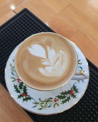 Cappuccino using my holiday mug with saucer from The Picket Fence.