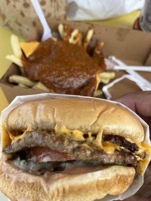 Double cheeseburger and chili cheese fries