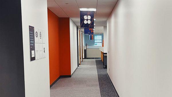 Front hallways just off of the entrance at the Swanson Russell office in Aksarben Village in Omaha, NE