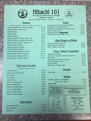 Hibachi 101's menu with current prices and hours