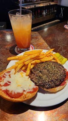 Pizza Burger and a lovely drink.