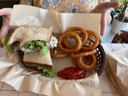 Chicken salad sandwich and onion rings