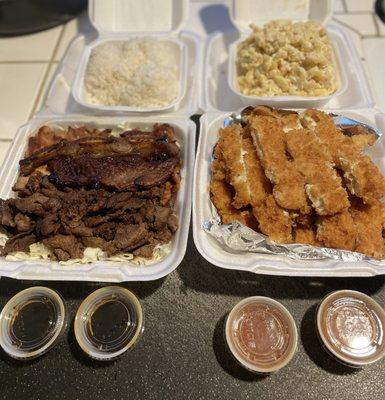 L: Hawaiian BBQ Mix R: Chicken Katsu Plate I asked them to pack the rice and mac salad separately.