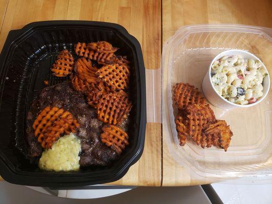 Ribeye, macaroni salad and sweet potato fries.