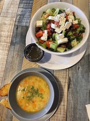 Chicken and rice soup with Greek salad