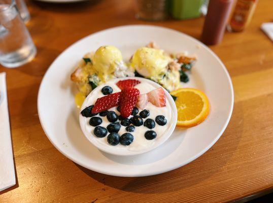 Seared Salmon & Baby Kale Benedict with Lemon Greek Yogurt with Berries