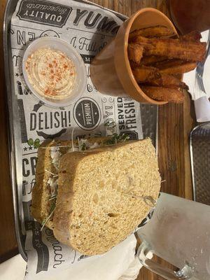 Chicken Salad Sandwich Sweet Potato Fries and the best little dipping sauce ever!