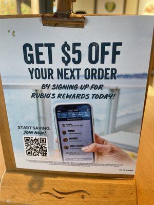 Tabletop Promo: Rubio's Rewards Program