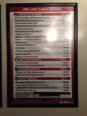 List of other services this location offers (prices are not fixed, are subject to change)