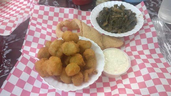 catfish, okra, collard greens