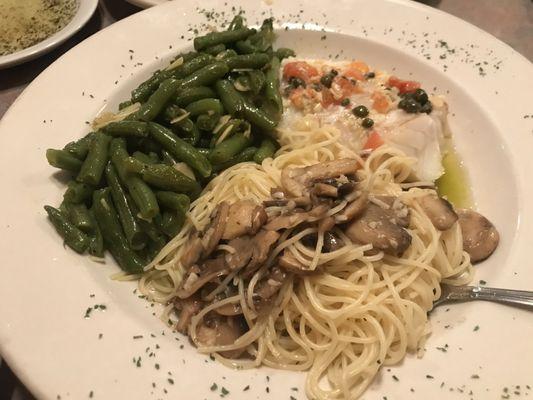 Lemon pepper cod with angel hair and green beans that I could have made a meal of on their own.