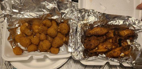 Breaded mushrooms and hot chargrilled wings.