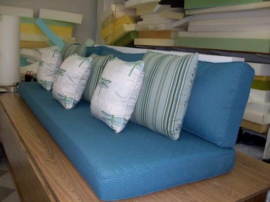 Custom Cushions made to size with a azure colored denim fabric