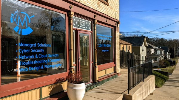 Our main entrance. Free street parking is available 1 block north of the building on Linden Ave