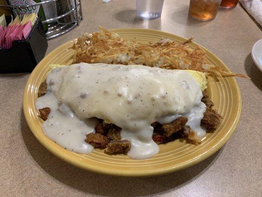 Great White Omelette - Chicken fried steak, grilled onions, fried roasted red peppers...topped with their famous country gravy