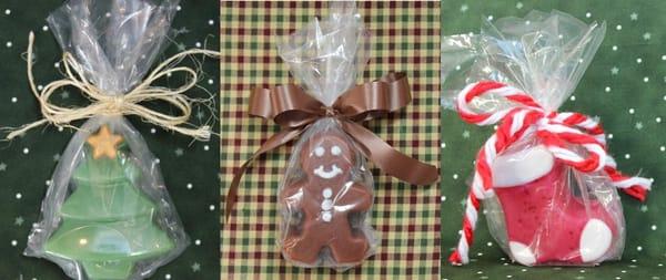 Handcrafted soaps for this Christmas and Holiday season! Fun and festive Christmas Trees, Gingerbread Man, and Stockings!