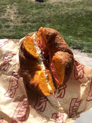 French toast bagel with plain and strawberry cream cheese