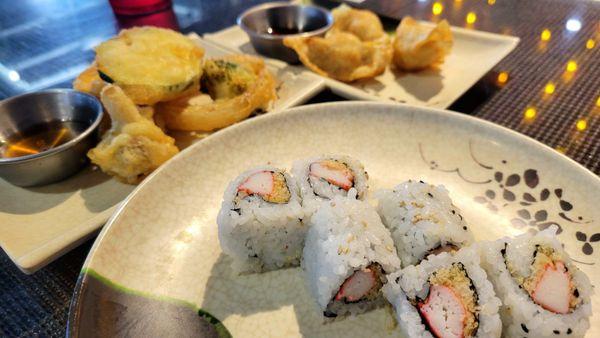 Crunchy Roll, Vegetables Tempura, and Gyoza.