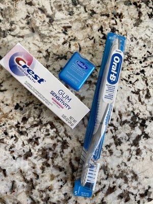 The toothbrush, floss and paste they give after the cleaning.