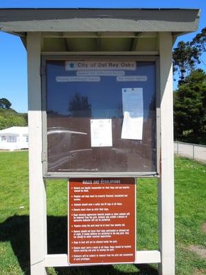 City of Del Rey Oaks board outside dog park.