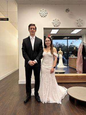 Alterations suit and wedding dress for the groom and the bride.