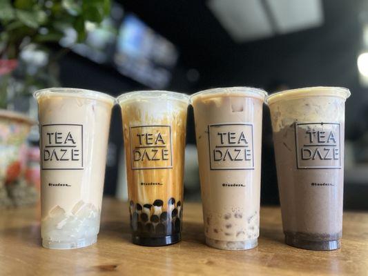 Jasmine milk tea, dirty milk tea, roasted oolong, Oreo brûlée