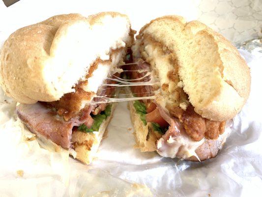 Chicken Cordon Bleu (Chicken filet, ham, lettuce, tomato, mayo) on Kaiser Roll