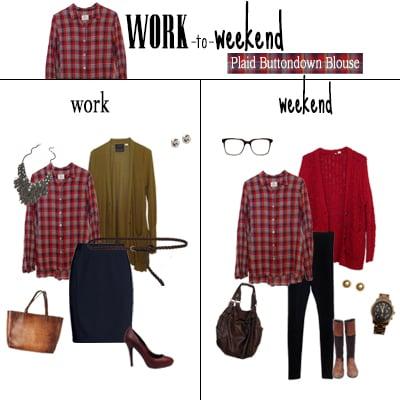 Ways to Wear It: Plaid button-down shirt styled in an outfit appropriate for the office & casually for when you're off the clock