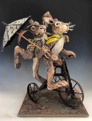 "Everyone's Entitled to a Couple of Wild Hares in a Lifetime" ceramic sculpture by Terri Axness