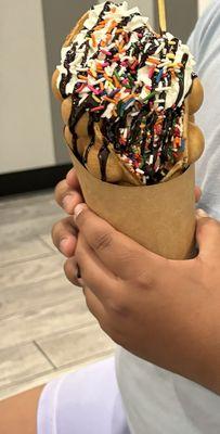 Waffle bubble chocolate ice cream w/sprinkles.