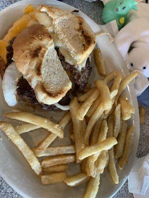 The "Fixed" patty melt. Our first one was made wrong, 9.00 sandwich and portion of French fries