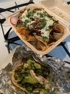 pulled pork nachos, tacos