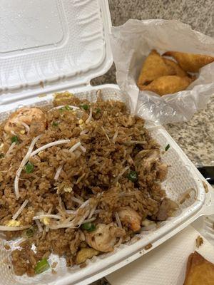 3 meat fried rice and crab rangoons